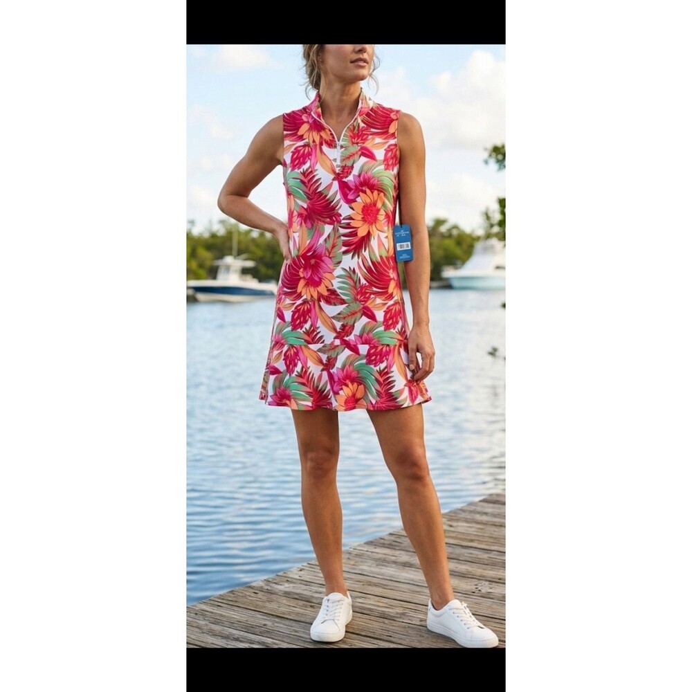 Caribbean Joe Tropical Floral Quarter-Zip Sleeveless Dress - Size Large - NWT